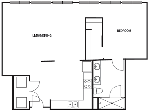 Floor plan for 1 bed, 1 bath, 1046 sqft